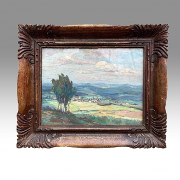 Česká krajina, krajinomalba, dřevěný ručně řezaný rám, olej 