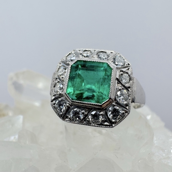 Art Deco prsten, smaragd Kolumbie 1.3 ct, diamanty 0,40 ct  