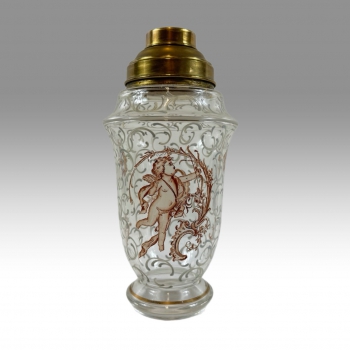 Skleněný šejkr s puttem a zlacenou malbou, kolem roku 1930 