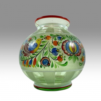 Skleněná váza s ruční malbou, folklórní motiv 