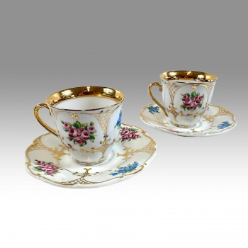 Porcelánová sada 2 šálků s podšálky, ruční malba dekor květin 
