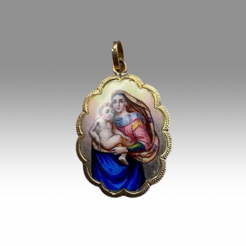 Zlatý starý přívěšek Madonka, smalt 