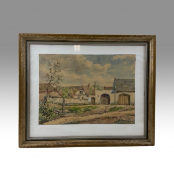 Obraz - Holík 1955 , akvarel, venkovský statek, zaskleno 