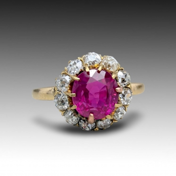Art Deco prsten s přírodním rubínem Barma a old cut diamanty , posudek 
