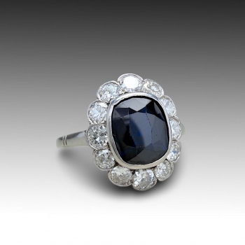 Art Deco zlatý prsten - safír 1,7 ct a diamanty 0.72 ct - posudek 