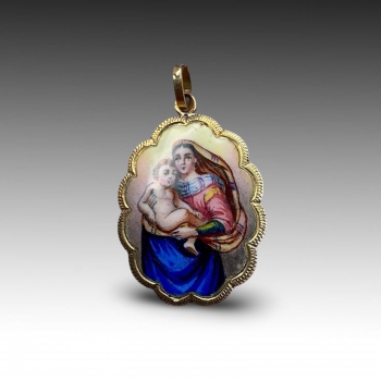 Zlatý starý přívěšek Madonka, smalt 