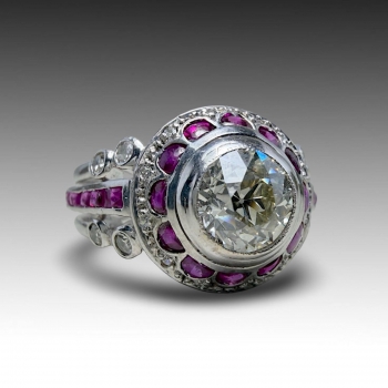 Art Deco prsten Robert & Louis Koch diamant LC - 0,92, rubíny Barma 